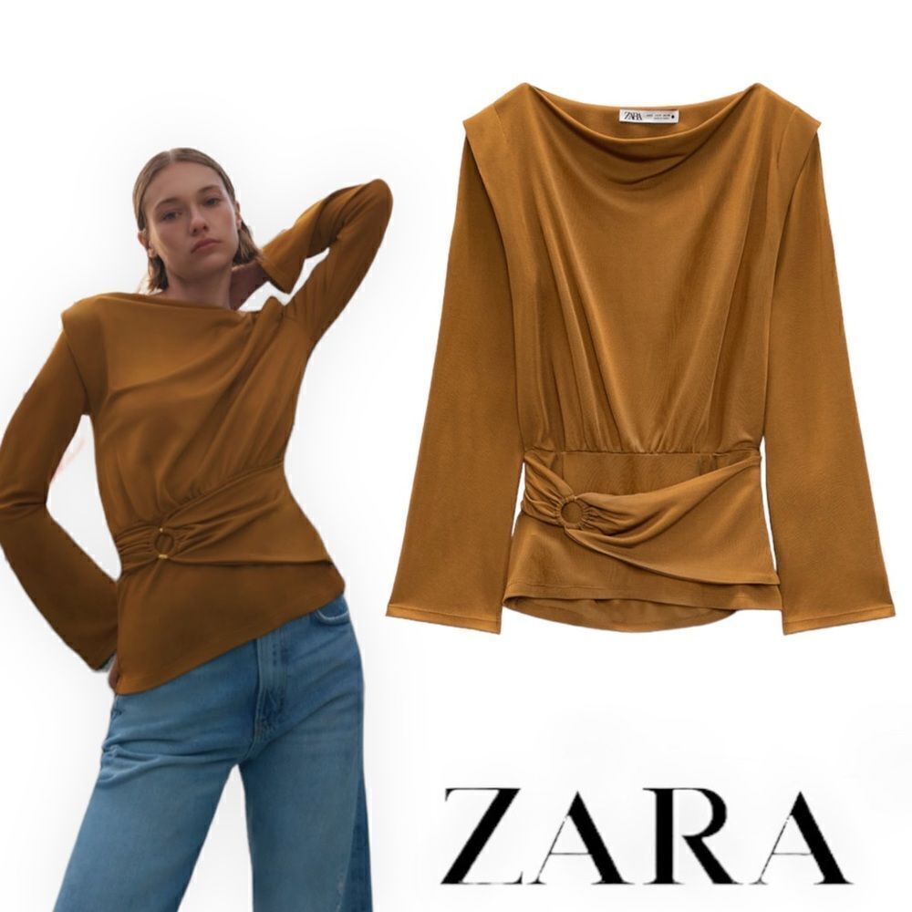 Zara Mustard Brown Draped Long-Sleeve Top with Ring Detail